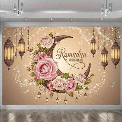 1 szt. baner na imprezę Ramadan Mubarak – Elegancka dekoracja ścienna z włókna poliestrowego z półksiężycem, różowymi różami i lampionami, Odpowiednia do domu, pokoju i na uroczystości świąteczne, dekoracja Ramadanu | Wystrój kulturalny | Baner poliestrowy, wesoły, modny wystrój imprezy, dekoracja na uroczystości, wystrój domu, dekoracja rocznicowa, bez prądu – Projekt świąteczny, Organizator wydarzeń, wystrój pamiątkowy, pomysł na prezent, na każdą porę roku