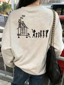 女士休闲宽松套头卫衣，卡通小屋和字母印花，适合秋冬季穿着。 - 淺花灰 - 查看 4