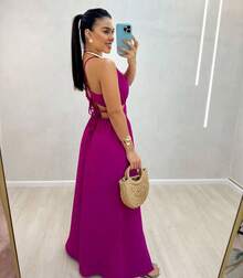 Women's Long Dress With Cutouts And Side Slit, Elegant And Premium Finish. Long Dress With Two Neckline Styles And Side Slit. Features Cutouts, A Slit, And A Tie At The Neckline. Elegant, Casual, Party, Split Fabric, Side Opening, Bare Back, Drawstring Tie. 2-In-1. Suitable For: Beach, Night, Garden, Photoshoot, Street, Birthday Party, Stage And Concert, Bachelorette Party, Travel, Vacation. - 紫紅色 - 查看 3