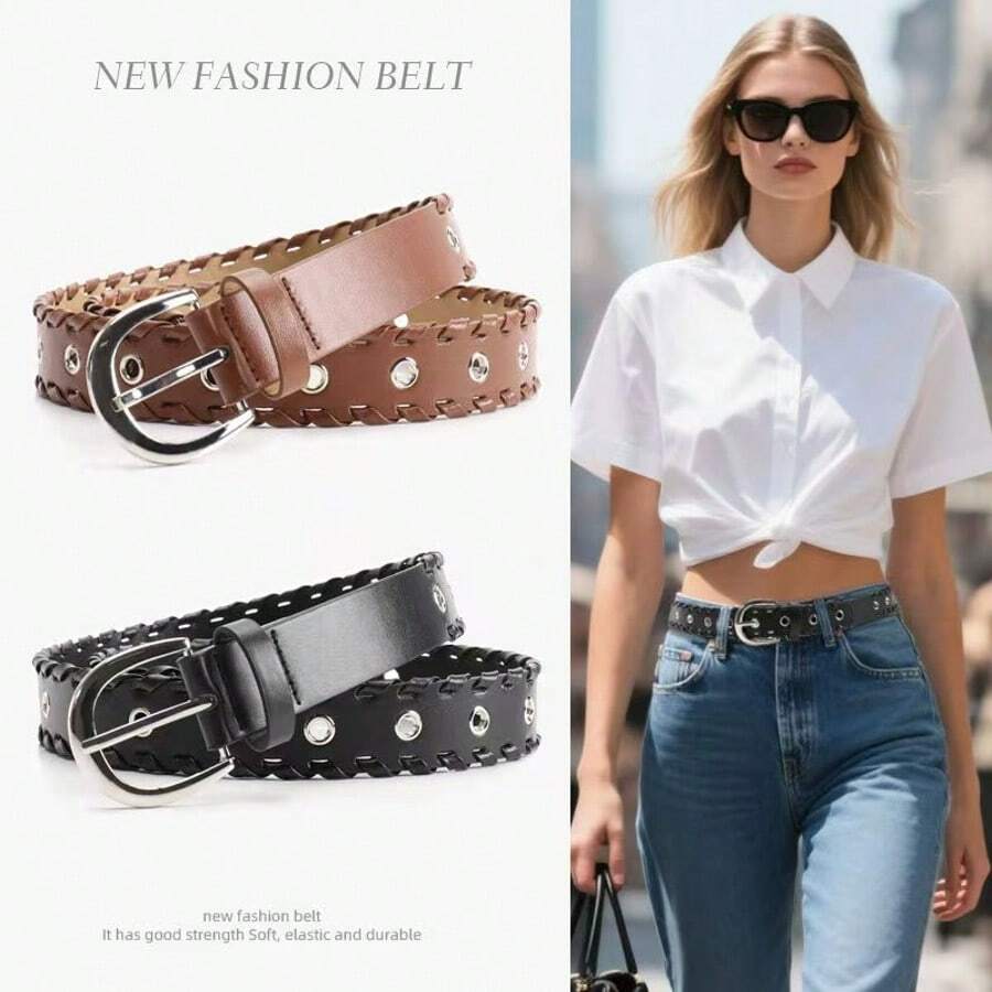 1 pieza Cinturón de cuero con cordones hecho a mano de moda para mujer, decoración versátil para vaqueros