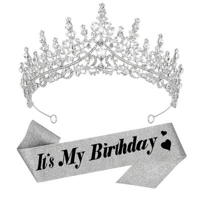 Silver Birthday Sash And Crown, Women's Birthday Crown, Shiny Birthday Sash For Adult Women, Women's Birthday Headpiece, Princess Crown, Birthday Decorations, Party Favors