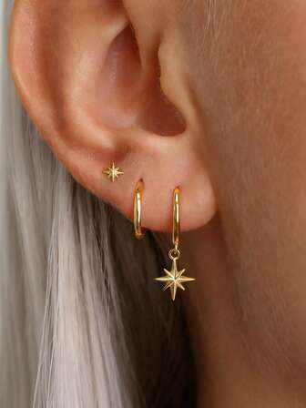 3pcs Dainty Earring Set, 14K Gold Plated Earrings With Star Design, Hypoallergenic Exquisite Cartilage Huggie Hoop Stud Earring Everyday Earring Stack