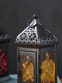 1pc European Style Hollow Window Flower Glass Candle Holder, Iron & Glass Windproof Hanging Candle Holder, Suitable For Ramadan Candle Lantern, Desk Decor, Party Decor, Restaurant Decor - Multicolor - View 12