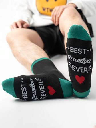 1 คู่ ถุงเท้าครึ่งแข้งลำลองสำหรับผู้ชาย ดีไซน์ตัวอักษร Jacquard "Best Grandpa Ever" สองสี แฟชั่น เหมาะสำหรับบ้าน, กลางแจ้ง, สวมใส่ทุกวัน, ทุกฤดูกาล