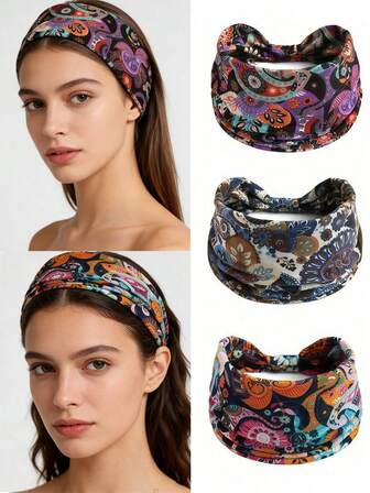 3件套复古佩斯利花纹弹力打结发带，女士波西米亚风宽版瑜伽运动多功能发饰时尚发带