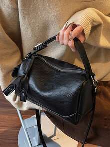 1 件装菱形压纹绒面革手提包，女士纯色 PU 面料单肩包，复古时尚仿绒面保龄球包，撞色绗缝，单提手拉链封口，适合日常使用、外出购物和工作。 - 黑色 - 查看 2