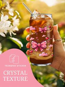 4 件情人节 UV DTF 杯贴，适用于 16 盎司玻璃杯，粉色蝴蝶结和豹纹樱桃图案转印贴纸，可爱丝带爱心 DIY 贴纸（9.4x4.3 英寸） - Valentine04 - 查看 2