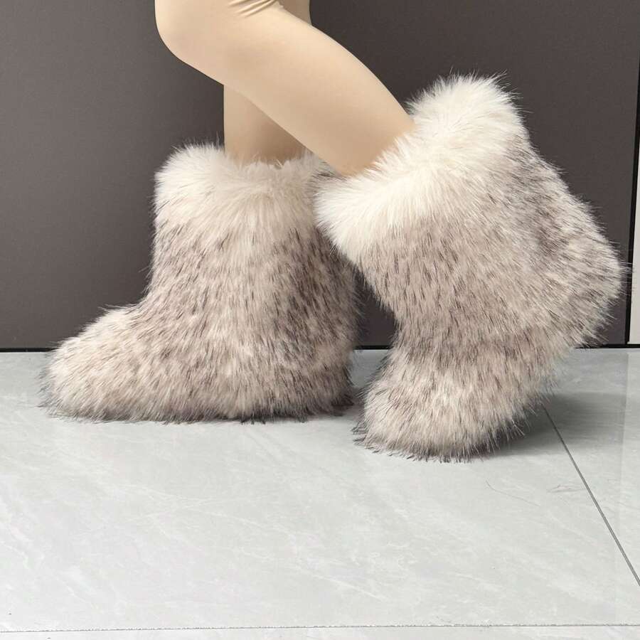 Botas de mujer de piel sintética efecto degradado Y2K, botas de exterior esponjosas y peludas, botas de nieve de moda de media pantorrilla - Beis - Ver 1