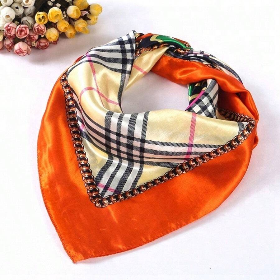 Women's Large Square Satin Scarf 90x90 Chic Polyester Printed - Orange - View 1