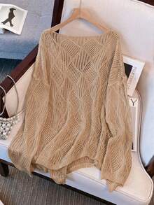 Cubre con cuello en V y diseño de diamantes huecos de punto suelto para mujer, elegante cubre para la playa y uso en resort en otoño temprano - Camel - Ver 2