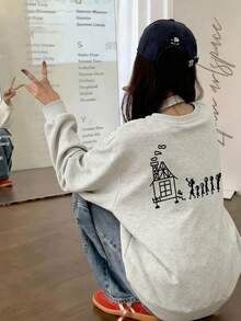 女士休闲宽松套头卫衣，卡通小屋和字母印花，适合秋冬季穿着。 - 淺花灰 - 查看 3