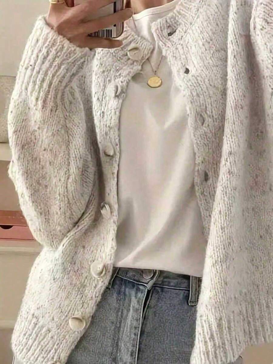 WoolFortune Women's Crew Neck Elegant Cardigan Sweater, Solid Color For Everyday Wear In Autumn/Winter/Spring, Soft & Comfortable Material, Button-Front, Casual Outfits, Heathered Gray Knit Cardigan, Button-Front Cardigan, Casual Everyday Outfits, Soft Fuzzy Plus Size Sweater, Fashion Long Sleeve Women's Clothing, Valentine's Day Gift, Gift For Wife Or Girlfriend