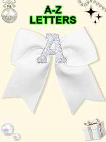 1pc 5 Inch Navy Blue 26 Letters A-Z Pearl Letters Personalized Back To School Ponytail Girl HairBow Teenagers Girl Hair Bows With Clips For Festivals Party School Girls Graduation Season Hairgrips For First Day Of School Classroom Girls Students,Teenagers Hair Accessories - White - View 4