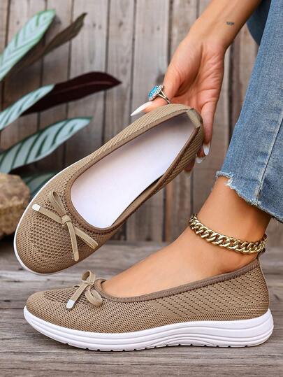 New Women Casual Shoes, Slip-On Mesh Shoes With Bow Decor, Lightweight & Comfortable Everyday Loafers
