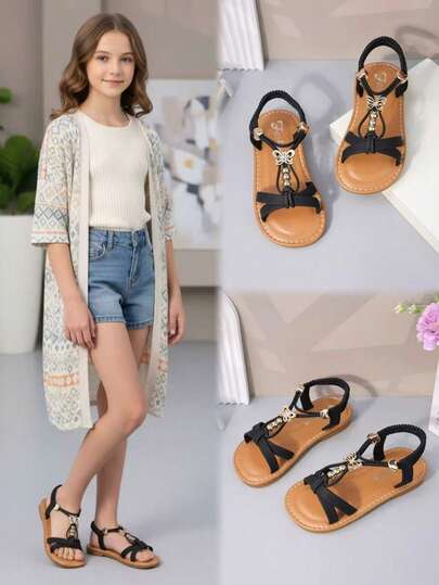 1 Pair Black Matte Soft Leather Toddler Girls' Beach Sandals With Criss-Cross Straps + Shiny Gourd & Butterfly Decorations, Elastic Back Strap Round Toe Flat Non-Slip Casual Princess Style Sandals For 3-12 Years Old Girls, Suitable For Daily, Beach, School, Holiday Wear, Spring/Summer 2026