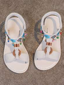 1 Pair Girls' Summer New Fashion Casual Sandals, Roman Style Flat Heel Beach Shoes - Beige - View 6