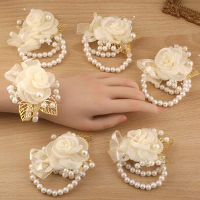 1件/6件装优雅女士玫瑰花珍珠金叶腕花，适合伴娘、婚礼宾客、舞会、情人节、婚礼装饰配件