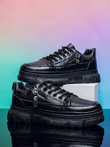 Men's Shoes, Men's Casual Sneakers, New Fashion Sneakers, Comfortable And Versatile, Thick-Soled Lace-Up Men's Shoes - Black - View 1