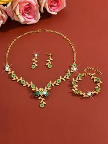 奢华婚礼派对女士礼服水钻装饰珠宝时尚闪亮项链耳环套装，舞会礼服珠宝配饰 - 綠色 - 查看 3