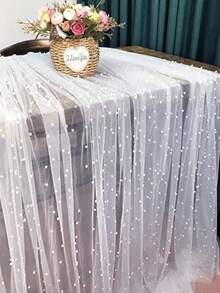 1 Peça Caminho de Mesa de Tule Estilo Boêmio 72*300cm, Decorado com Pérolas Falsas, Adequado para Chá de Bebê, Arco de Casamento, Decoração de Chá de Noiva, Mesa de Sobremesa, Casamento, Banquete, Festa e Outras Ocasiões - Tecido Branco Elegante - Multicolorido - Visão 2