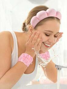 3pcs Solid Color Bathroom Headband And Wristband Set, Home Bathroom Decor, Autumn, Back To School