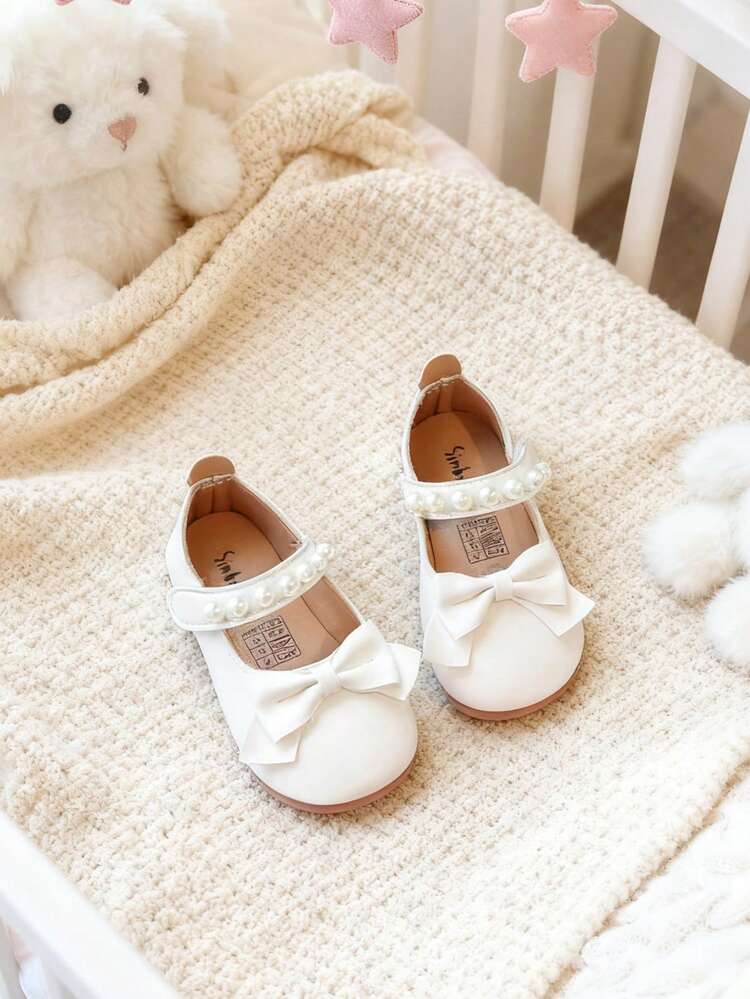 新款女童软底防滑鞋，珍珠蝴蝶结装饰设计，休闲舒适轻便真皮鞋，适合春秋季穿着 - 米色 - 查看 1