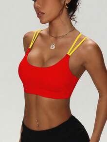 Women's Solid Color Round Neck Criss-Cross Removable Padded Fashionable Knit Sports Bra Spring - Multicolor - View 3