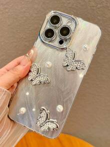 Glam Holographic Rhinestone Butterfly Phone Case - Featuring Iridescent Silver Hologram Back, 3D Crystal-Studded Butterflies, Faux Pearl Accents, Shiny Camera Lens Frame, Shockproof Clear Protective Cover, Sparkly Elegant Aesthetic, Ideal For Glitter Lovers, Feminine Style Seekers & Statement Accessory Fans - Multicolor - View 3
