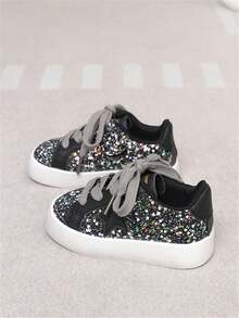 1 Pair Kids Shoes, PU Leather Upper, Shiny Sequin Star Pattern, Breathable Flat Sole, Non-Slip, Versatile Fashion Sneakers For Children, Suitable For Spring, Summer, Autumn, Winter, Casual, Outdoor, Running, School, Basketball, Party, Travel, Infant Performance - Black - View 2