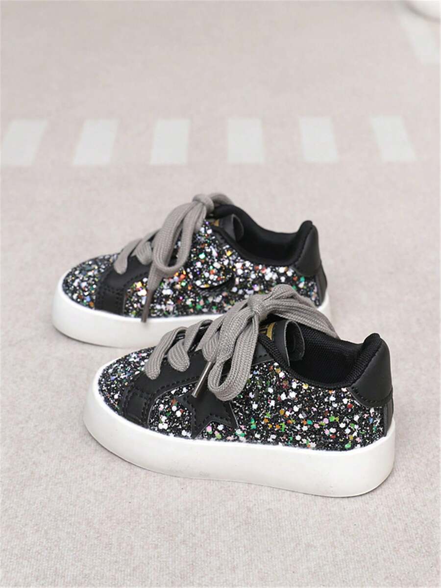 1 Pair Kids Shoes, PU Leather Upper, Shiny Sequin Star Pattern, Breathable Flat Sole, Non-Slip, Versatile Fashion Sneakers For Children, Suitable For Spring, Summer, Autumn, Winter, Casual, Outdoor, Running, School, Basketball, Party, Travel, Infant Performance