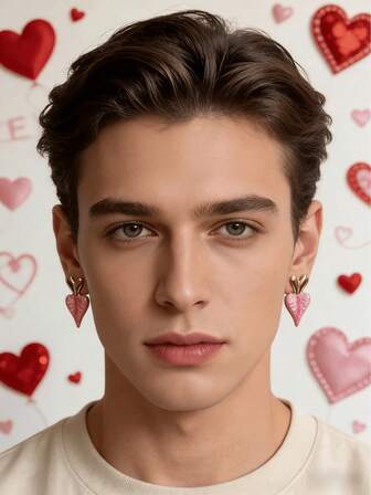 2 piezas Pendientes elegantes de corazón rosa esmaltado - Pendientes de corazón y amor - Joyería de declaración chapada en oro con borde rosa esmaltado para mujer, regalo de San Valentín