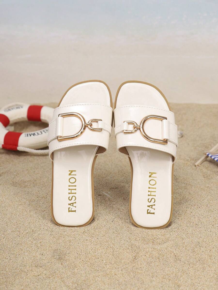 1双儿童简约PU平底休闲拖鞋，适合夏季穿着 - 米色 - 查看 1