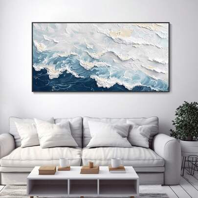 1pc Abstract Sea View Canvas Wall Art, Blue And White Ocean Wave Painting, Modern Beach Art, Unframed Canvas Blue Ocean Abstract Wall Decor For Bedroom, Living Room, Bathroom, Home Office