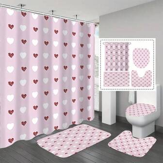 Juego de cortina de ducha con estampado de corazón en estilo graffiti para el Día de la Madre/Día de San Valentín, incluye alfombra de baño, alfombra en forma de U, tapa de inodoro, cortina impermeable con 12 ganchos, decoración de baño y decoración artística de bañera impresa en rojo, rosa y blanco romántico