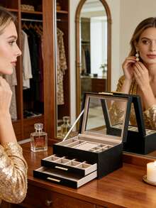 Jewelry Box With Glass Lid, 3-Layer Jewelry Organizer, 2 Drawers, For Big And Small Jewelry, Jewelry Storage