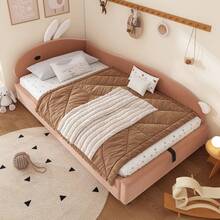 Upholstered Bed, Single Bed, Children's Bed, Cute Rabbit Pattern Headboard, Hydraulic Bed With Storage Space, Raised Soft Rail, Right Side Panel, Velvet, Pink + White, 90*200 Cm - Red Bean Paste + Velvet - View 12