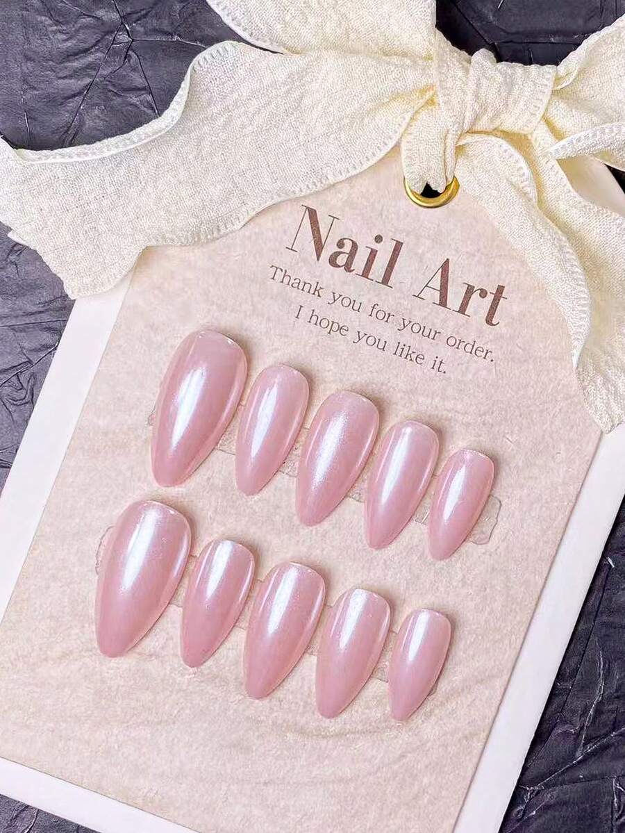 10片手工制作的按压式美甲贴片，短款，法式美甲，杏仁形，可爱设计，Y2K风格，粉色带全息粉，简约优雅风格，适合日常使用，附赠美甲工具 - 淺粉色 - 查看 1
