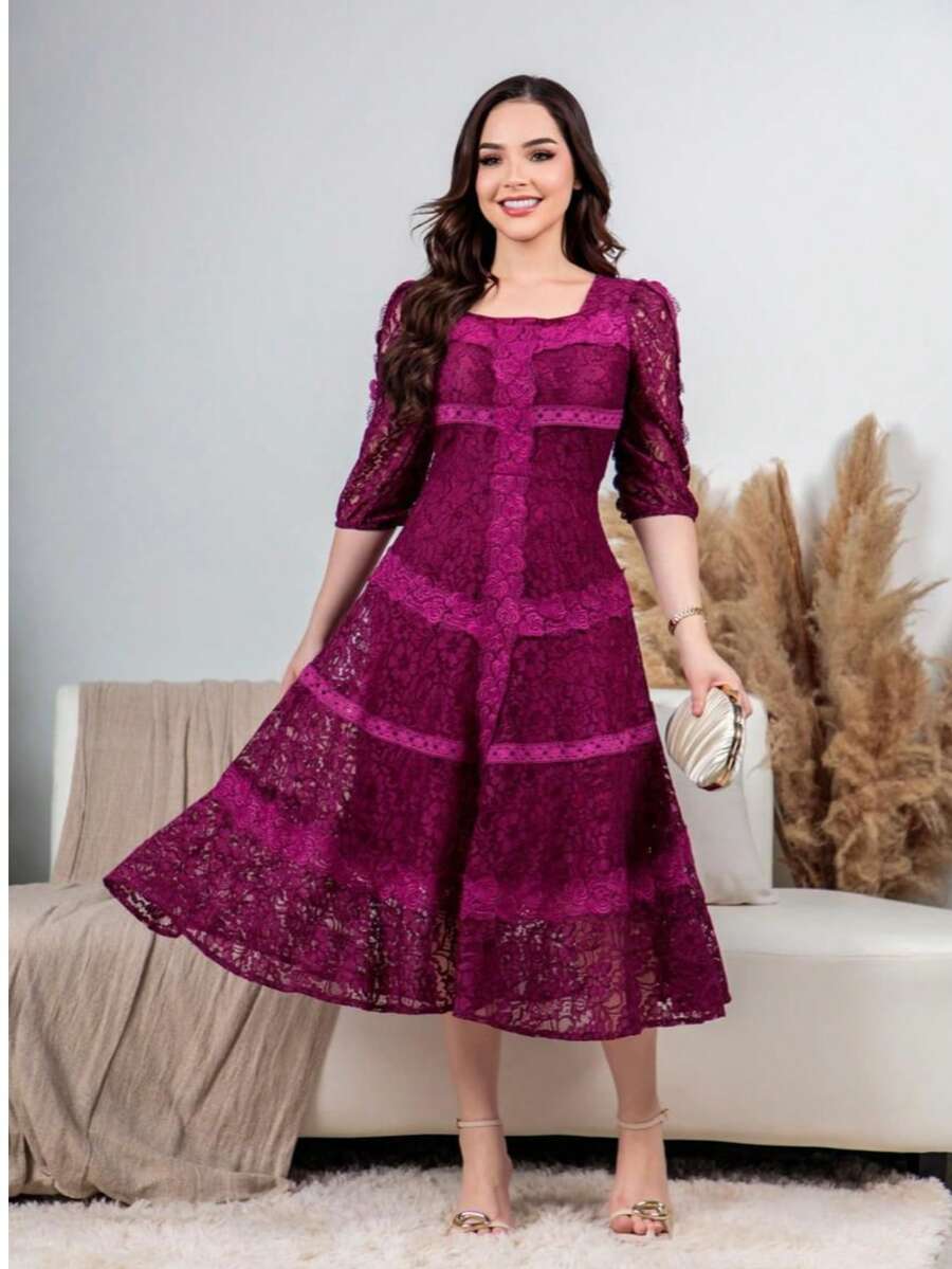Women's Midi Dress With Lace, 3/4 Sleeves, And A Flared Skirt, Elegant For Parties And Weddings. - Gỗ đỏ - Xem 1