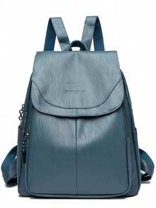 Ransel Wanita Kulit PU Lembut Berkualitas Tinggi Terbaru, Ransel Pelajar Travel Kapasitas Besar Warna Solid Vintage untuk Anak Perempuan - Biru - View 3