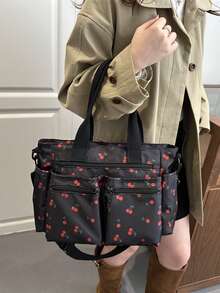 1个字母贴布装饰纯色大容量灯芯绒单肩手提包，多口袋购物袋，母亲节礼物，可折叠，适合上学、工作、旅行，适合毕业生、青少年、大学一年级、二年级、三年级、四年级学生以及户外活动 - 黑色 - 查看 4