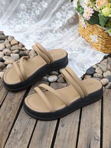Women Crossover Strap Flatform Slide Sandals, Fashion Summer Sandals - Khaki - View 2