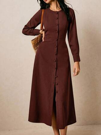 1 st klänning i vävt tyg med knappar i ryggen, lämplig för högtider, kontor, hem, vardagskläder, vår/sommar/höst