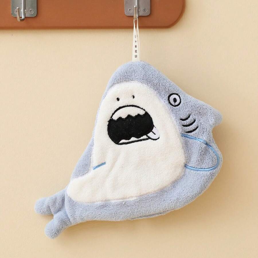 1 Piece-Border Coral Fleece Hand Towel Thickened Hand Washing Towel Hanging Children Cute Shark Hand Towel Absorbent Non-Shedding - 黑鯊 - 查看 1