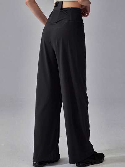 Quần yoga ống rộng cạp cao dành cho nữ, chất liệu nylon lụa co giãn cao, nhanh khô, có túi sau, thích hợp cho tập luyện.