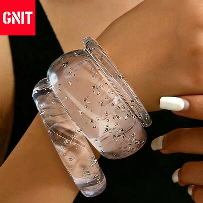 GNIT 3pcs/2pcs/1pc Transparent Resin Bracelet, Shiny Multi-Element Geometric Design, Retro Style, Resort Fashion Statement Bracelet, Transparent Chunky Chain Jewelry