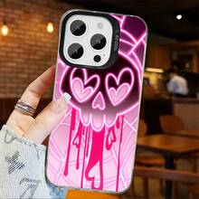 Una funda para teléfono con un diseño de calavera de corazón y ojos en rosa neón, a la moda y moderna, hecha de material mate a prueba de golpes, duradera, compatible con iPhone 11 a 17 Pro Max, perfecta como regalo para entusiastas de la moda. - Mezcla de colores - Ver 4