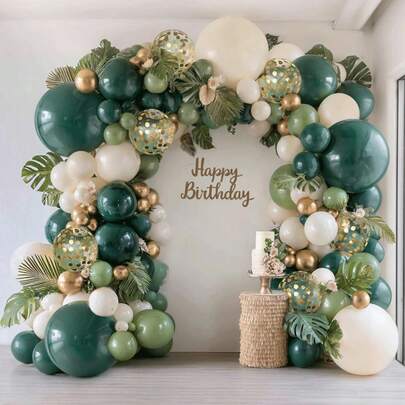 106pcs Emerald Green & White Gold Balloon Arch Kit, Double-Stuffed Dark Green, Light Green, Gray Green, Sand White, Champagne Gold Balloons Wreath Suitable For Boys, Girls, Kids, Babies Birthday Party, Wedding, Jungle Party Decor