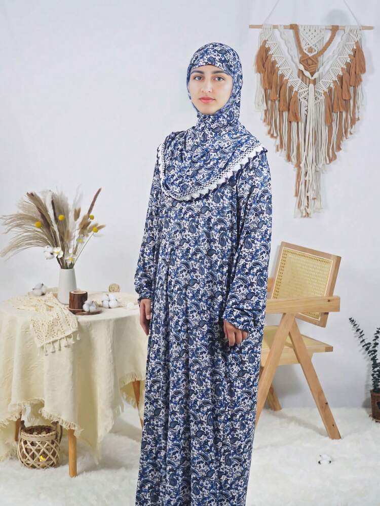 Abaya long élégant pour femme, kaftan musulman à motif floral, polyvalent pour la prière du Ramadan et le port quotidien - Noir - Voir 4