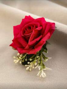 1pc Forest Style Artificial Rose Flower Leaf & Fruit Decor, Fashionable Groom/Groomsman Boutonniere, Suitable For Weddings, Banquets And Other Occasions Valentine's Day Accessories - Red - View 4