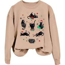 Sudaderas de Navidad para mujer, divertidas y lindas sudaderas de Navidad con gato negro, camiseta ligera de manga larga con cuello redondo - A-Caqui + CH - Ver 4